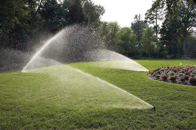 Pop-up sprinkler system on a manicured lawn